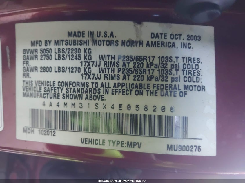 2004 Mitsubishi Endeavor Xls VIN: 4A4MM31SX4E058206 Lot: 44685559