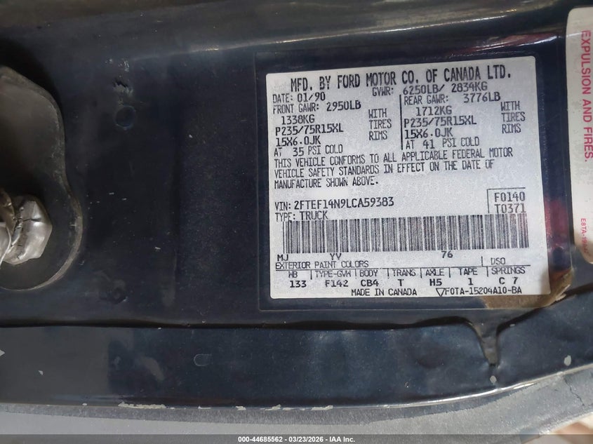 1990 Ford F150 VIN: 2FTEF14N9LCA59383 Lot: 44685562
