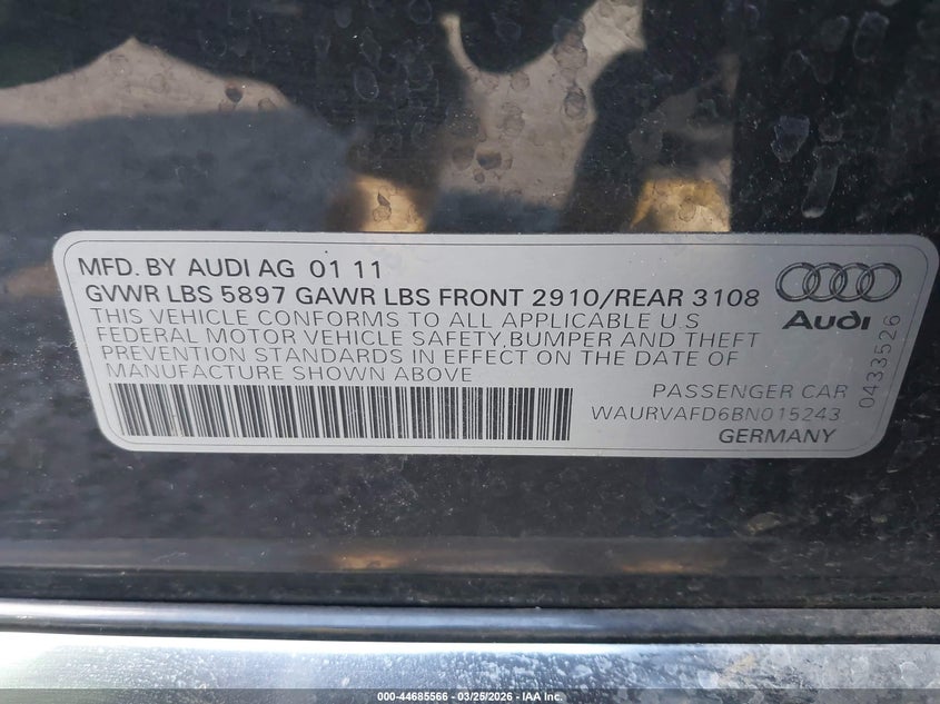 2011 Audi A8 L 4.2 VIN: WAURVAFD6BN015243 Lot: 44685566