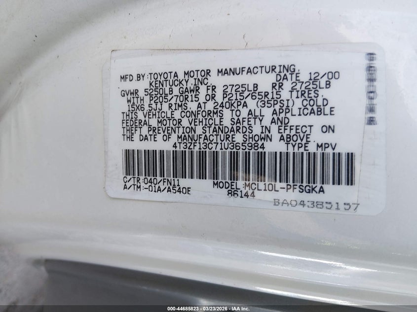 2001 Toyota Sienna Le VIN: 4T3ZF13C71U365984 Lot: 44685823