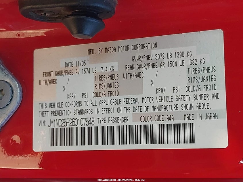 2006 Mazda Mx-5 Touring VIN: JM1NC25F260107548 Lot: 44685870