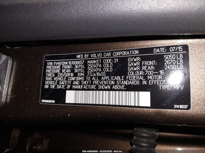 2016 Volvo V60 Cross Country T5 VIN: YV4612HK1G1006657 Lot: 44685886