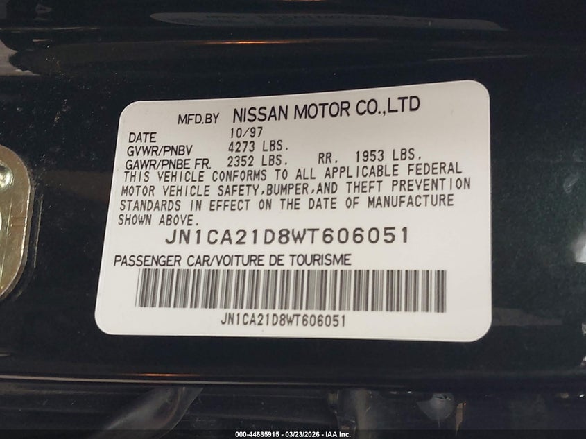 1998 Nissan Maxima Gle/Gxe/Se VIN: JN1CA21D8WT606051 Lot: 44685915