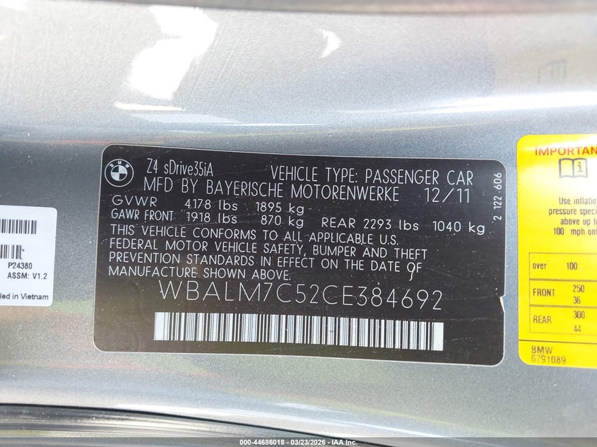 2012 BMW Z4 Sdrive35I VIN: WBALM7C52CE384692 Lot: 44686018