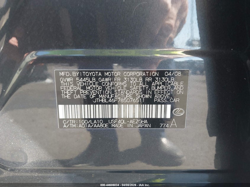2008 Lexus Ls 460 VIN: JTHBL46F785076511 Lot: 44686034