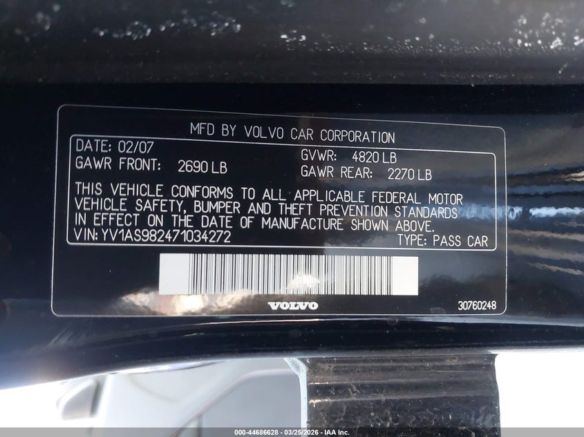 2007 Volvo S80 3.2 VIN: YV1AS982471034272 Lot: 44686628