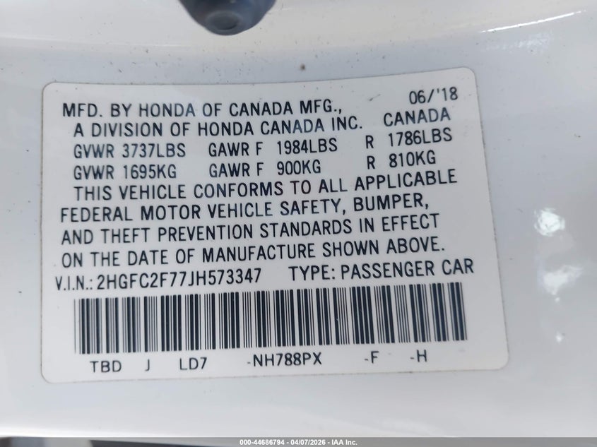 2018 Honda Civic 2.0 Ex white Lot 111044686794 Vin 2HGFC2F77JH573347