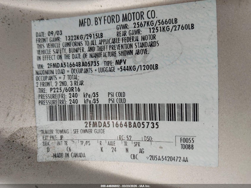 2004 Ford Freestar Se VIN: 2FMDA51664BA05735 Lot: 44686802