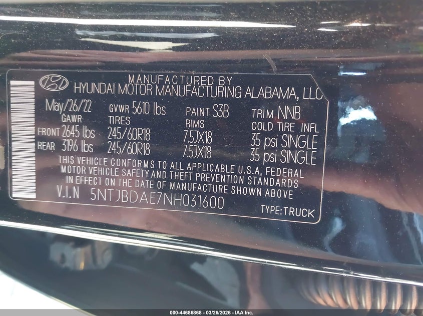 2022 Hyundai Santa Cruz Sel VIN: 5NTJBDAE7NH031600 Lot: 44686868