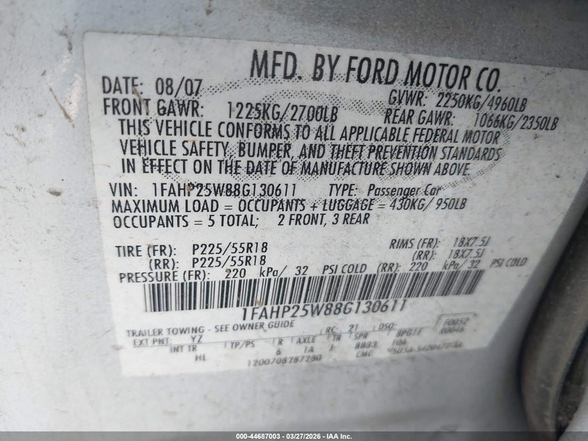 2008 Ford Taurus Limited VIN: 1FAHP25W88G130611 Lot: 44687003