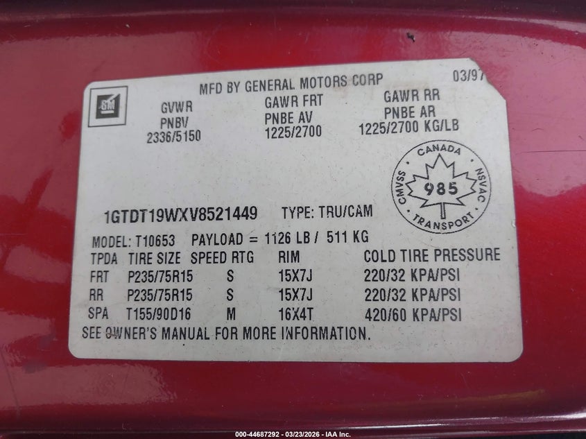 1997 GMC Sonoma Sls Sportside/Sls Wideside VIN: 1GTDT19WXV8521449 Lot: 44687292
