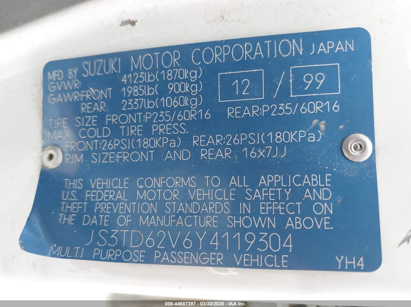 2000 Suzuki Grand Vitara Jlx/Jlx+/Limited VIN: JS3TD62V6Y4119304 Lot: 44687397