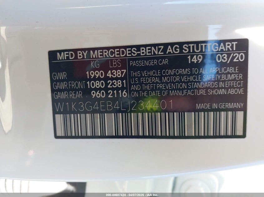 2020 Mercedes-Benz A 220 VIN: W1K3G4EB4LJ234401 Lot: 44687424