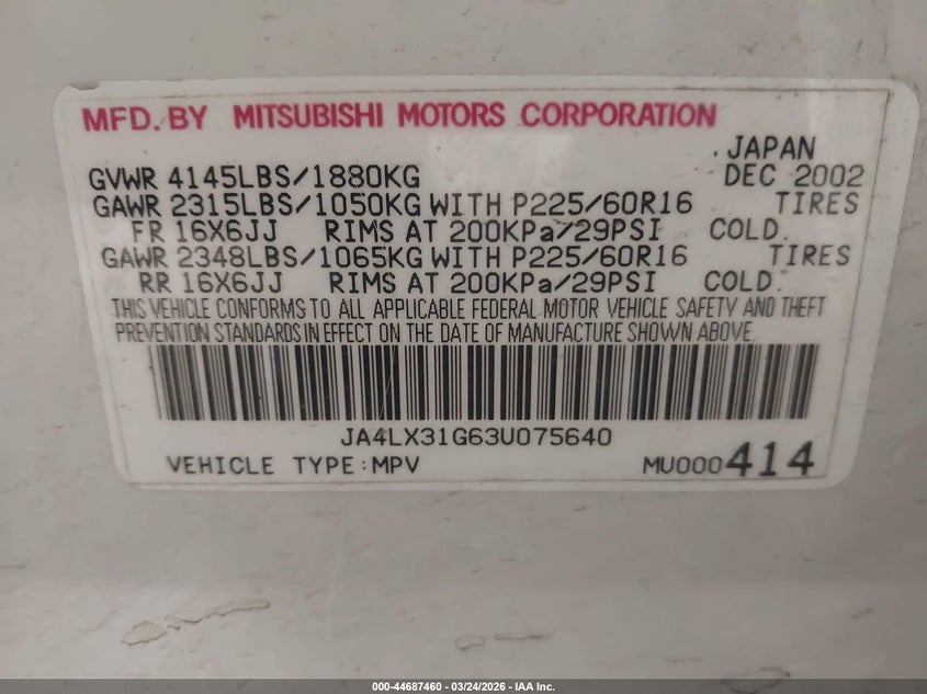 2003 Mitsubishi Outlander Ls VIN: JA4LX31G63U075640 Lot: 44687460