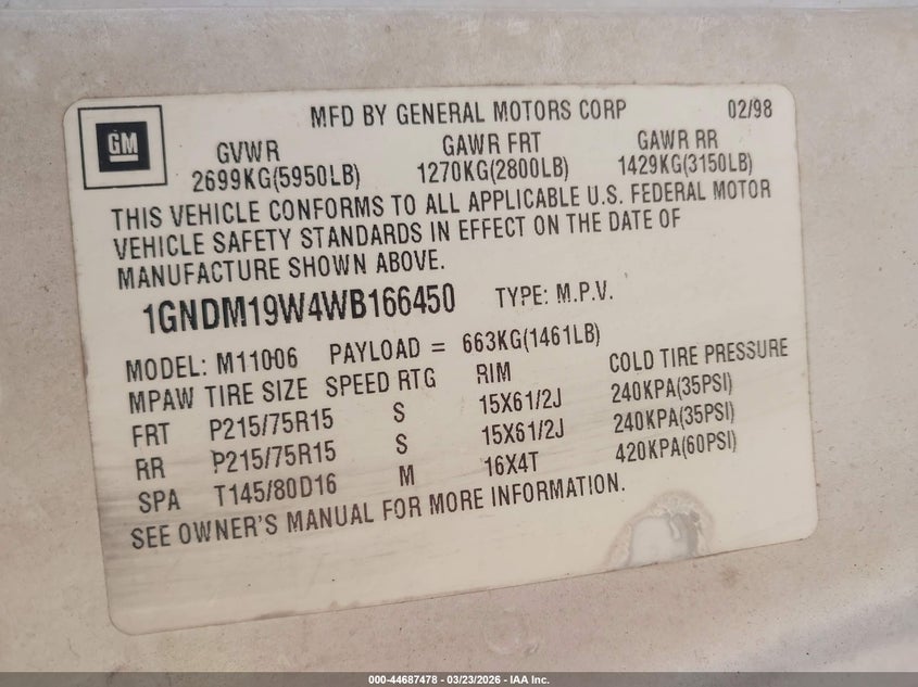 1998 Chevrolet Astro VIN: 1GNDM19W4WB166450 Lot: 44687478