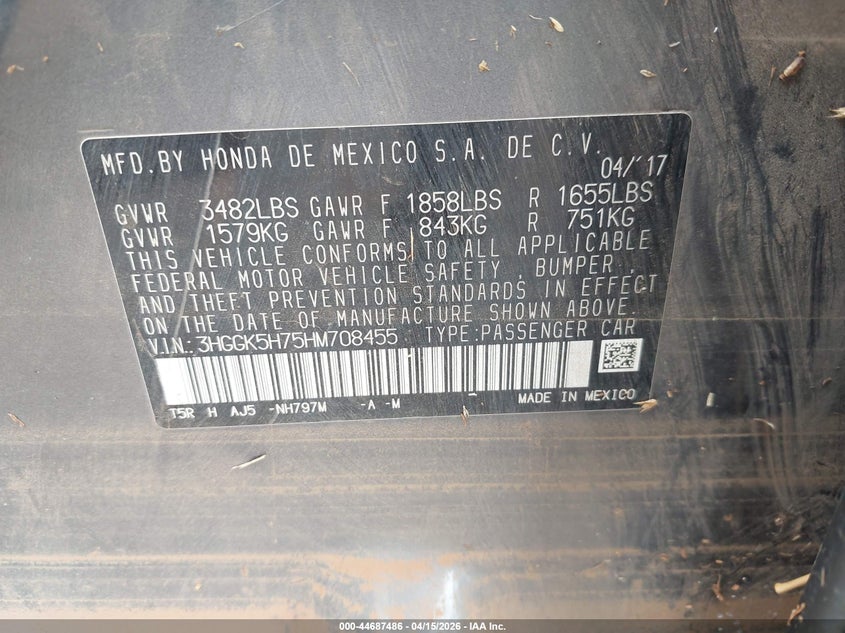 2017 Honda Fit Ex VIN: 3HGGK5H75HM708455 Lot: 44687486