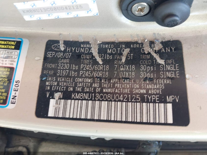 2008 Hyundai Veracruz Gls/Limited/Se VIN: KM8NU13C08U042125 Lot: 44687822