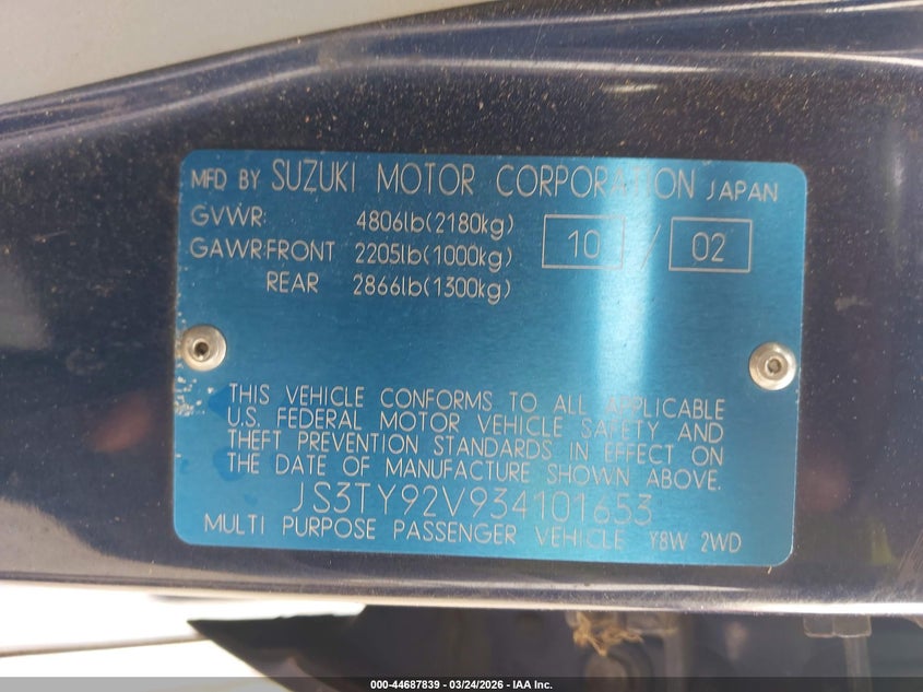 2003 Suzuki Xl-7 Ltd/Touring VIN: JS3TY92V934101653 Lot: 44687839