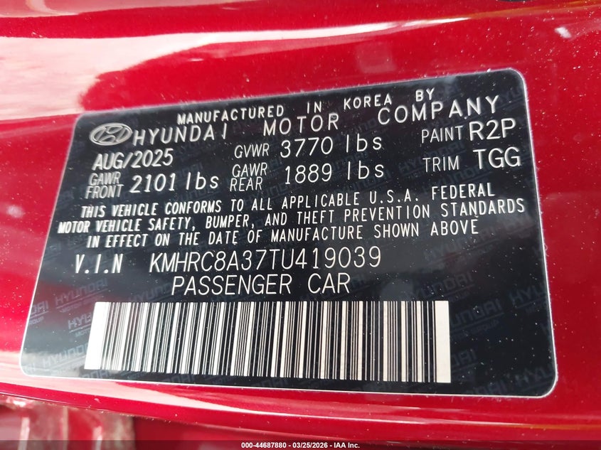 2026 Hyundai Venue Sel VIN: KMHRC8A37TU419039 Lot: 44687880