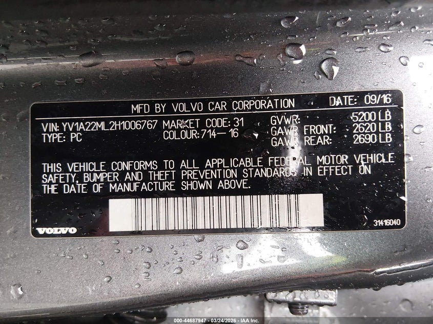 2017 Volvo S90 T6 Inscription VIN: YV1A22ML2H1006767 Lot: 44687947