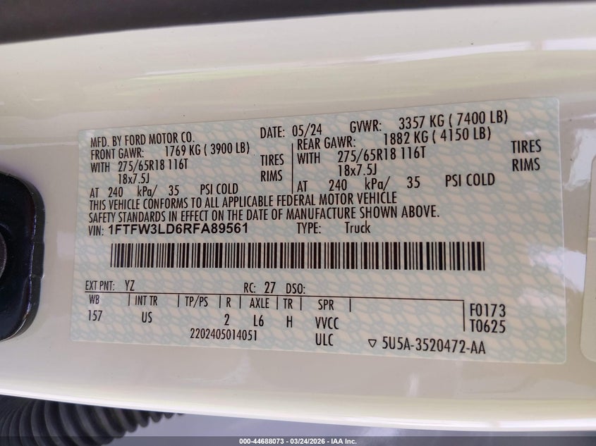 VIN 1FTFW3LD6RFA89561 2024 FORD F-150 XLT