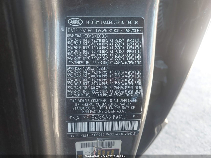 2006 Land Rover Range Rover Hse VIN: SALME154X6A215062 Lot: 44688421