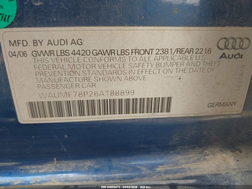 2006 Audi A3 2.0T VIN: WAUMF78P26A188899 Lot: 44688472