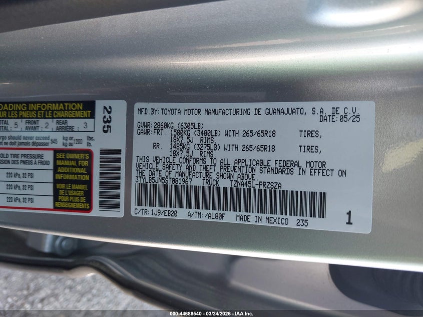 2025 Toyota Tacoma Limited VIN: 3TYLB5JN5ST081967 Lot: 44688540