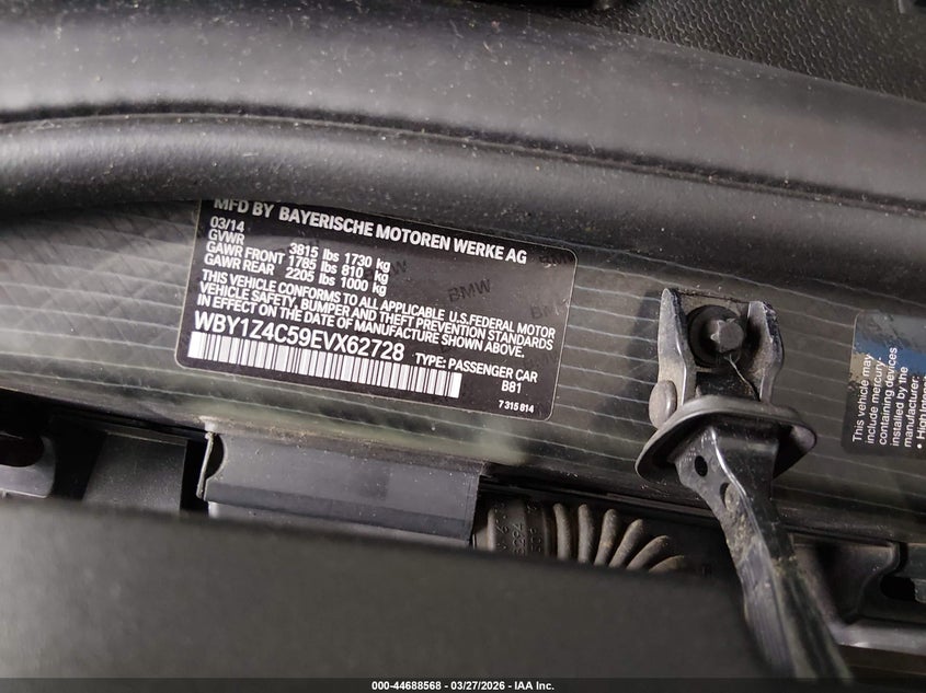 2014 BMW I3 Base W/Range Extender VIN: WBY1Z4C59EVX62728 Lot: 44688568
