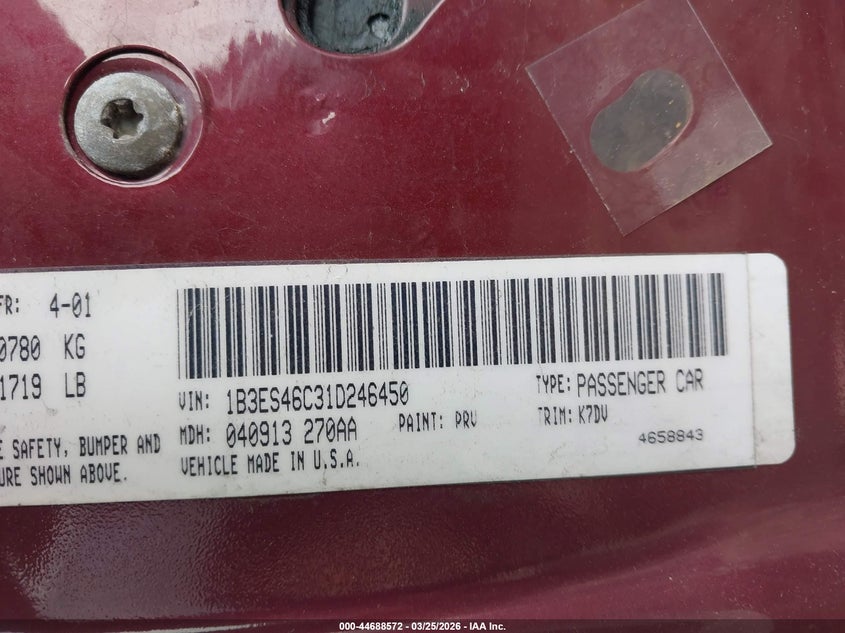 2001 Dodge Neon Se VIN: 1B3ES46C31D246450 Lot: 44688572