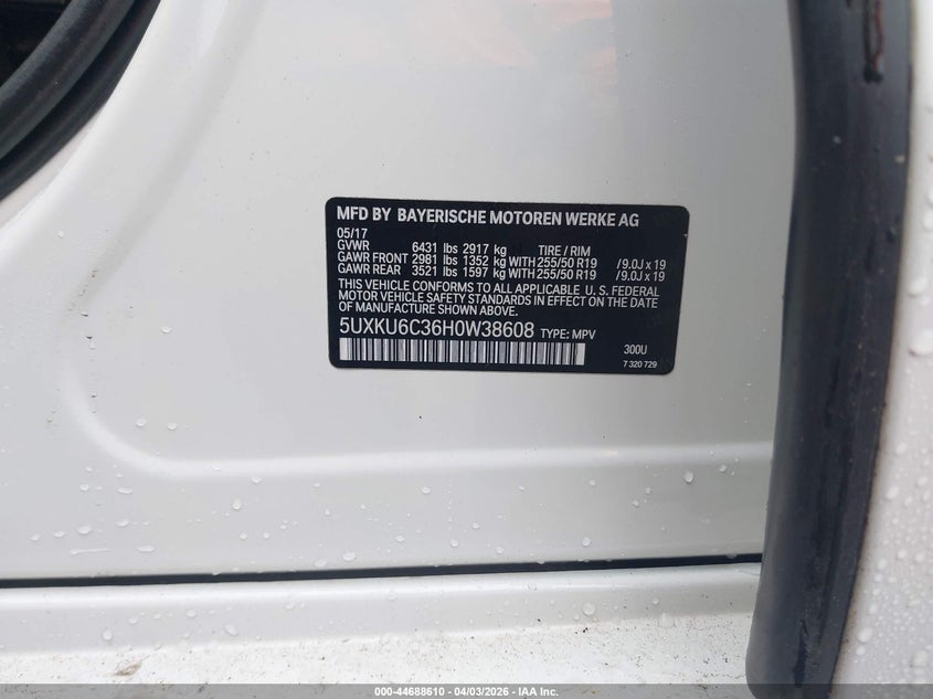 2017 BMW X6 xDrive50I VIN: 5UXKU6C36H0W38608 Lot: 44688610