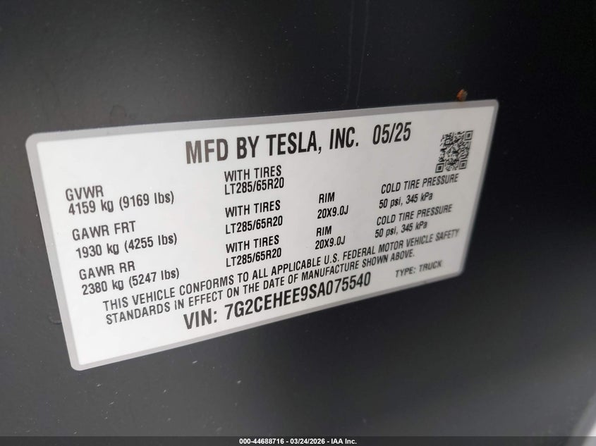 2025 Tesla Cybertruck Cyberbeast VIN: 7G2CEHEE9SA075540 Lot: 44688716