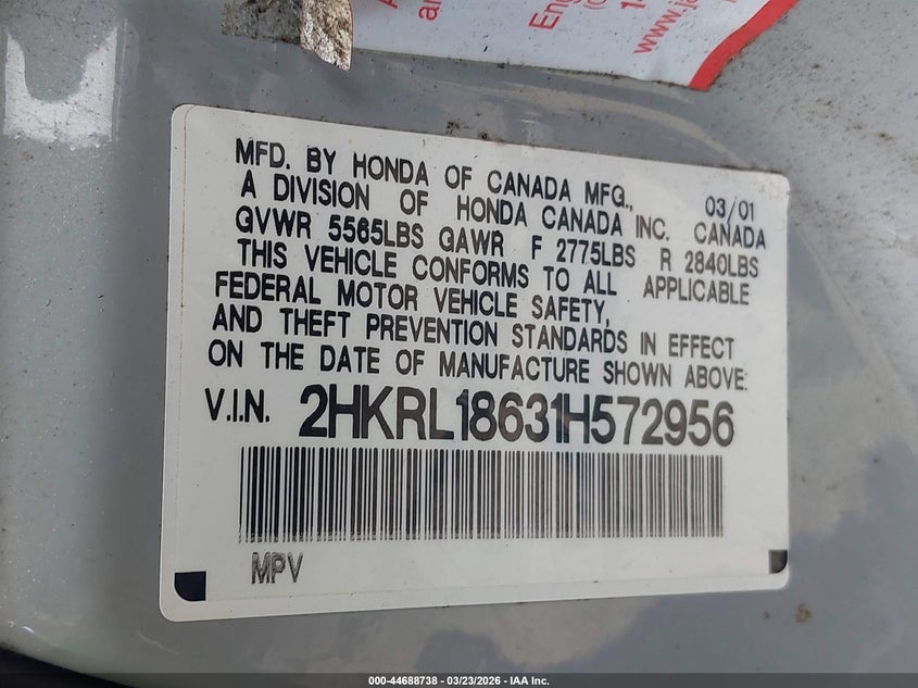 2001 Honda Odyssey VIN: 2HKRL1H6318572956 Lot: 44688738