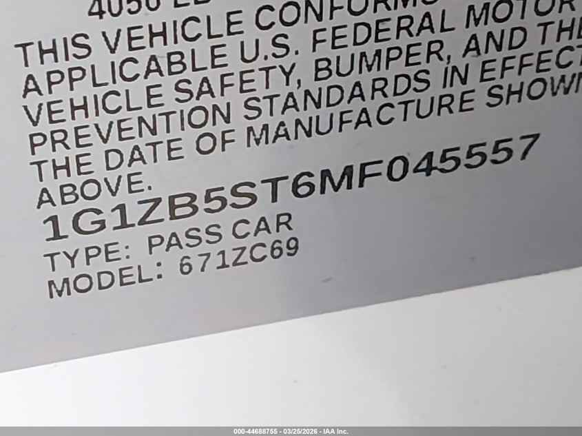 VIN 1G1ZB5ST6MF045557 2021 CHEVROLET MALIBU FWD LS