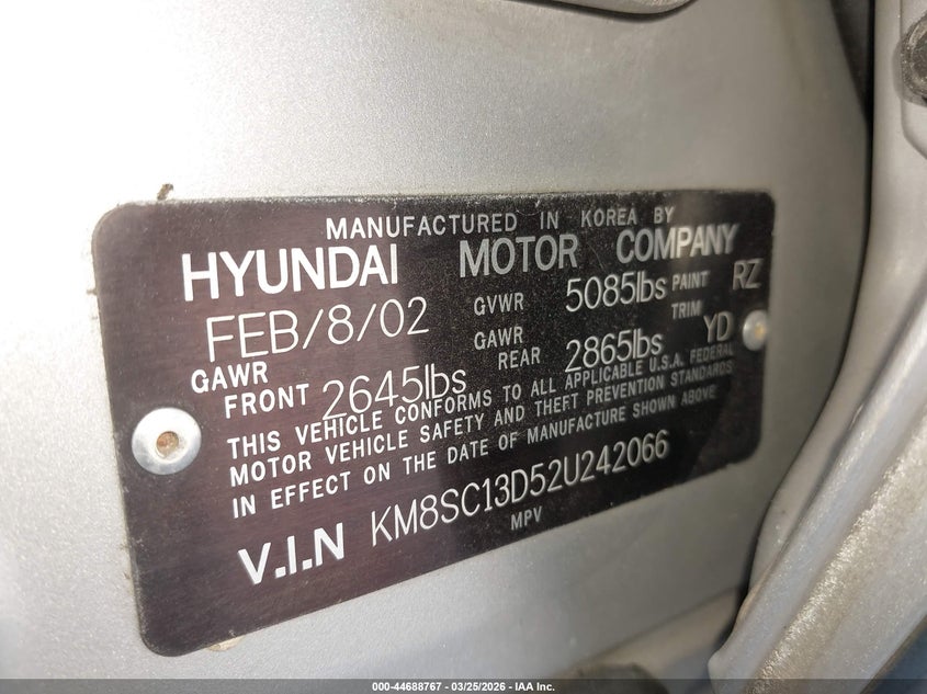 2002 Hyundai Santa Fe Gls/Lx VIN: KM8SC13D52U242066 Lot: 44688767