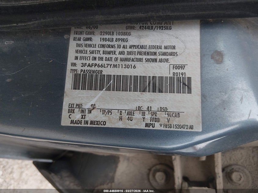 2000 Ford Contour Se Sport VIN: 3FAFP66L7YM113016 Lot: 44688916
