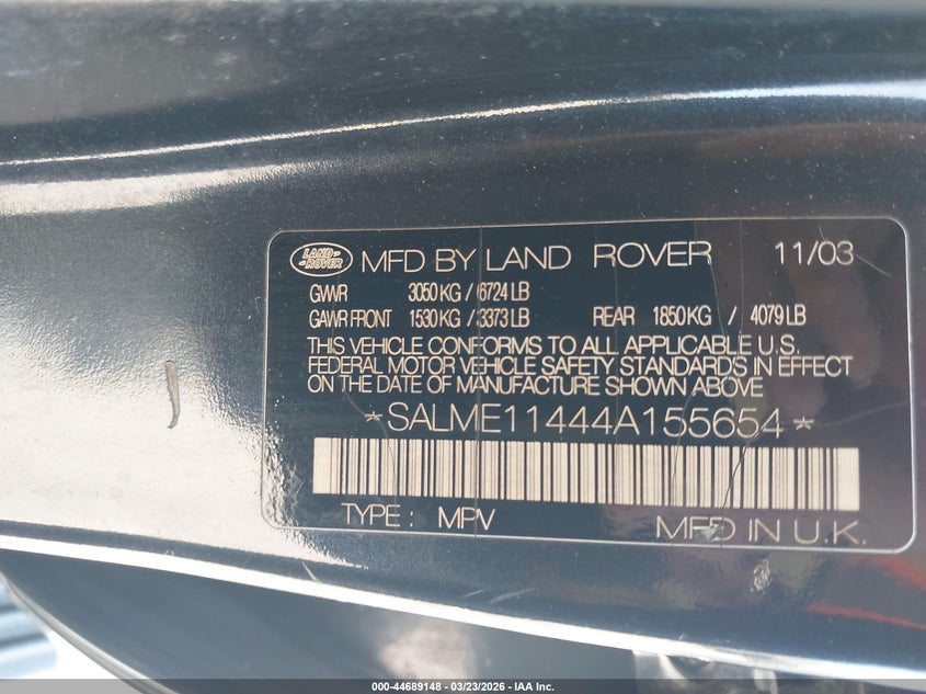 2004 Land Rover Range Rover Hse VIN: SALME11444A155654 Lot: 44689148