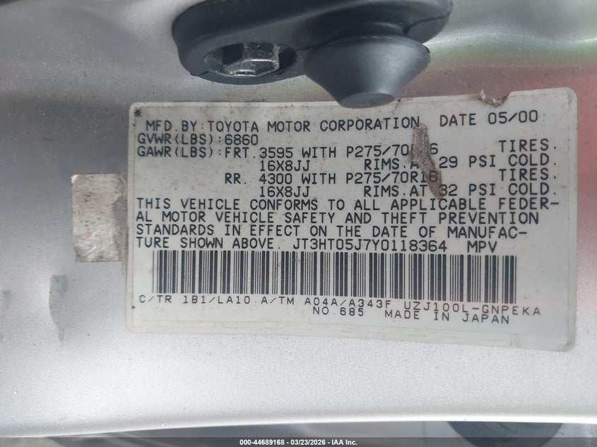 2000 Toyota Land Cruiser VIN: JT3HT05J7Y0118364 Lot: 44689168