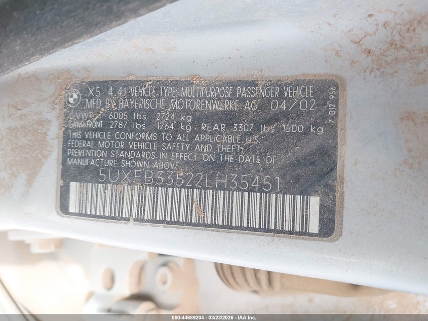 2002 BMW X5 4.4I VIN: 5UXFB33522LH35451 Lot: 44689204