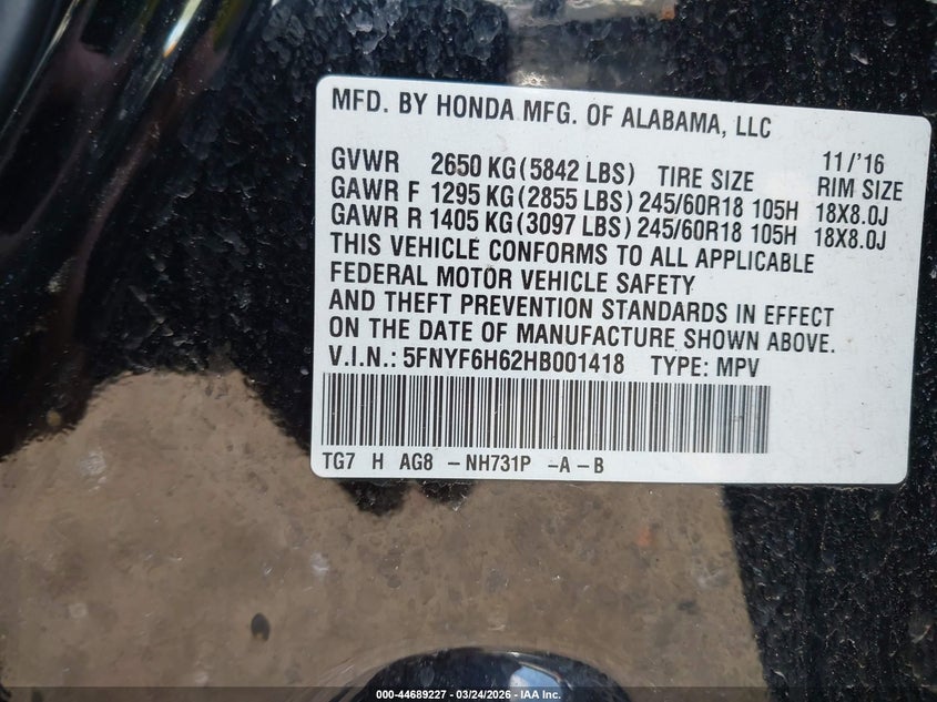 2017 Honda Pilot Ex-L VIN: 5FNYF6H62HB001418 Lot: 44689227