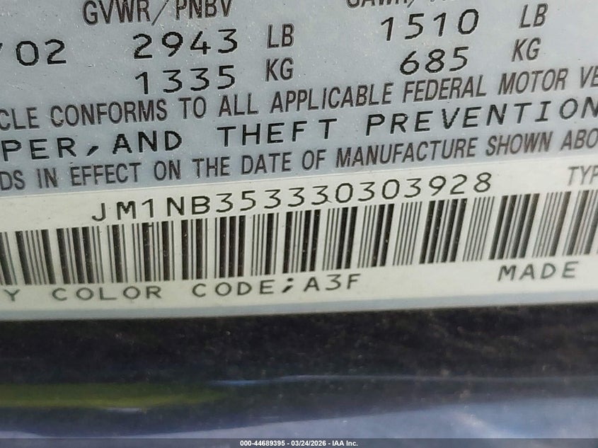 2003 Mazda Mx-5 Miata Cloth/Ls/Se/Shinsen VIN: JM1NB353330303928 Lot: 44689395