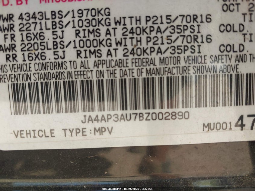 2011 Mitsubishi Outlander Sport Es VIN: JA4AP3AU7BZ002890 Lot: 44689411