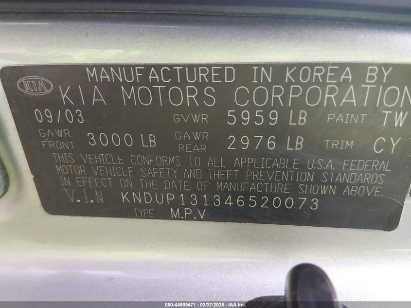 2004 Kia Sedona Ex/Lx VIN: KNDUP131346520073 Lot: 44689471