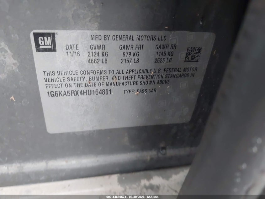 2017 Cadillac Ct6 Standard VIN: 1G6KA5RX4HU164801 Lot: 44689574