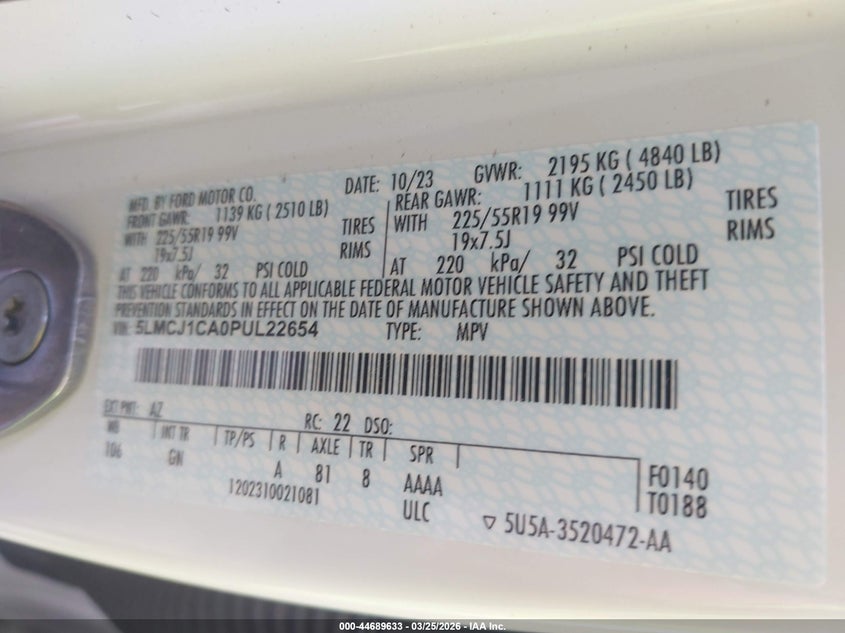2023 Lincoln Corsair Standard VIN: 5LMCJ1CA0PUL22654 Lot: 44689633