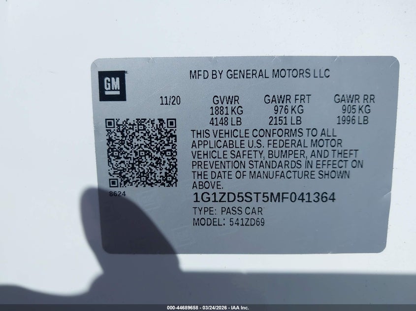 2021 Chevrolet Malibu Fwd Lt VIN: 1G1ZD5ST5MF041364 Lot: 44689658