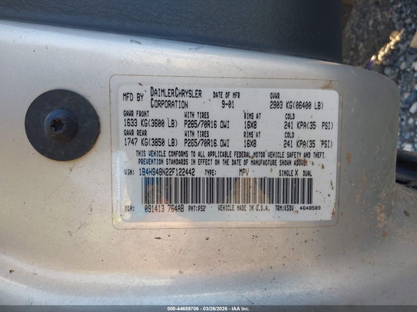 2002 Dodge Durango Slt VIN: 1B4HS48N22F122442 Lot: 44689706