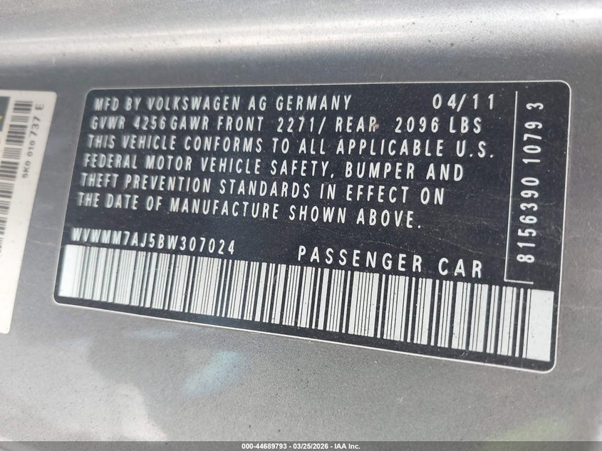 2011 Volkswagen Golf Tdi 2-Door VIN: WVWMM7AJ5BW307024 Lot: 44689793