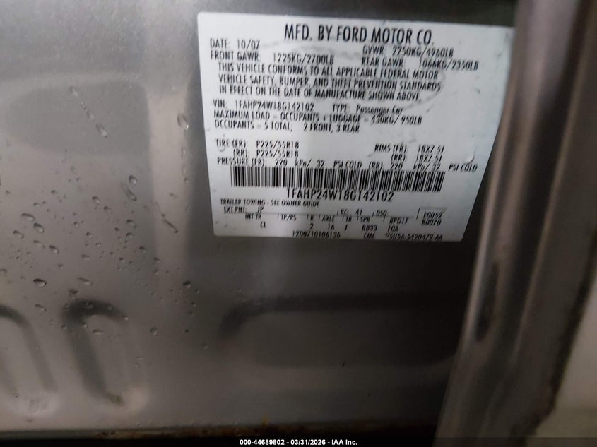 2008 Ford Taurus Sel VIN: 1FAHP24W18G142102 Lot: 44689802