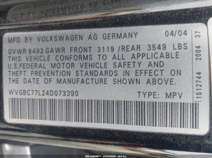 2004 Volkswagen Touareg V6 VIN: WVGBC77L24D073390 Lot: 44689871